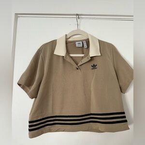 Adidas Originals Women’s Cropped Polo Shirt – Beige  3 Stripes – Size L